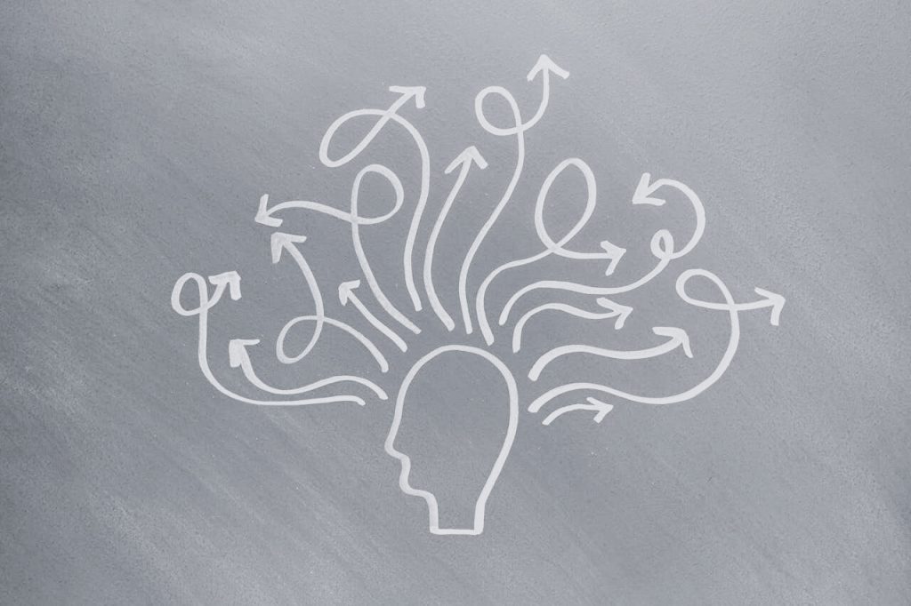 Philosophical concept, wisdom, and critical thinking process depicted by human head outline surrounded by swirlingng arrows